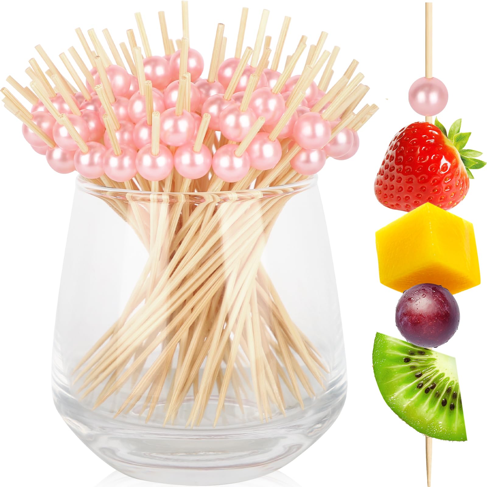 Vicuna R 200PCS Cocktail Picks, Pink Pearl Decorative Toothpicks for Appetizers, 4.7 Inch Long Fancy Bamboo Skewers Wooden Charcuterie Sticks for Drinks Fruit Food Wedding Decor Party Supplies Bridal Shower - bar tools and drinkware | Mubboo