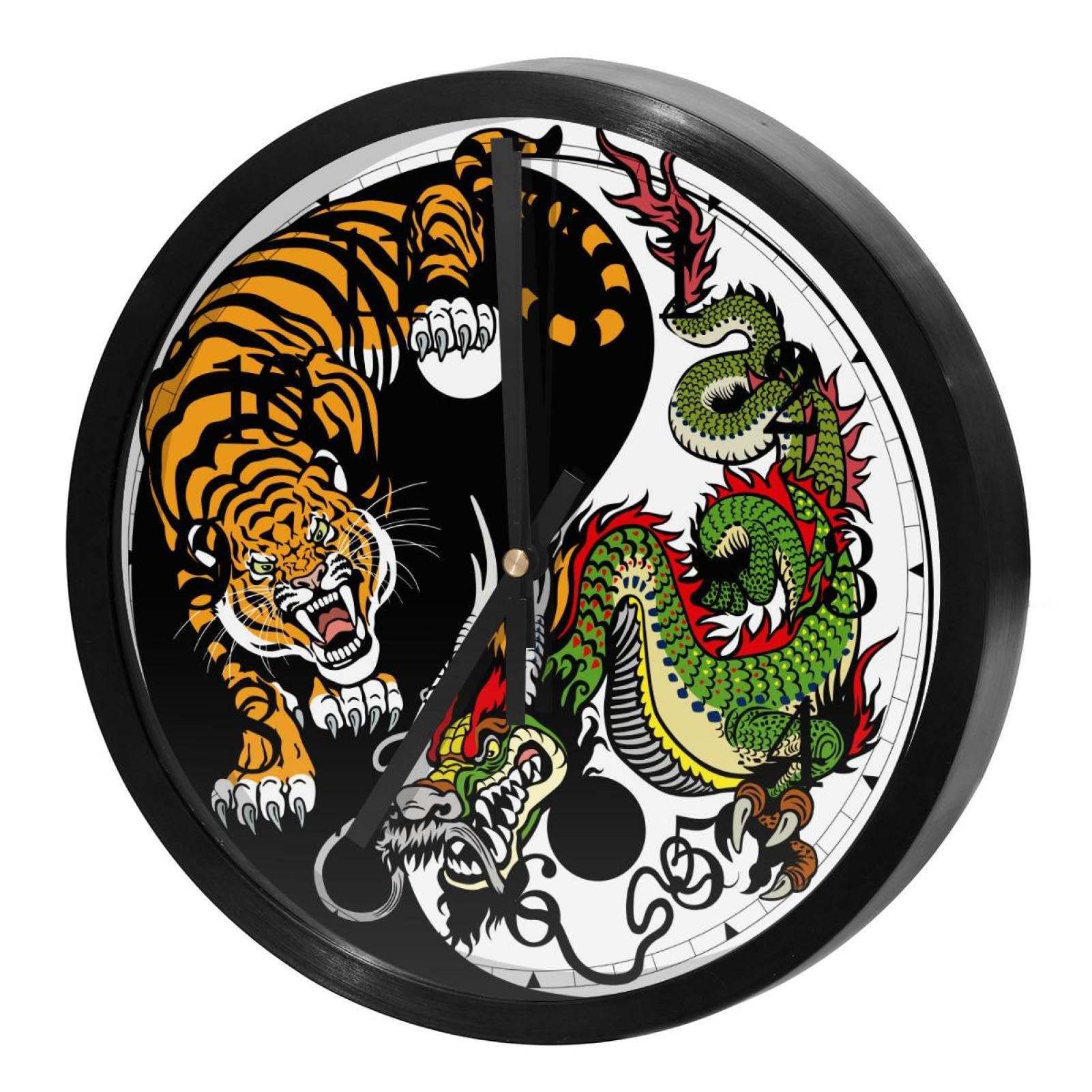 Horloge murale silencieuse à quartz motif Dragon et Tigre pour décoration de maison