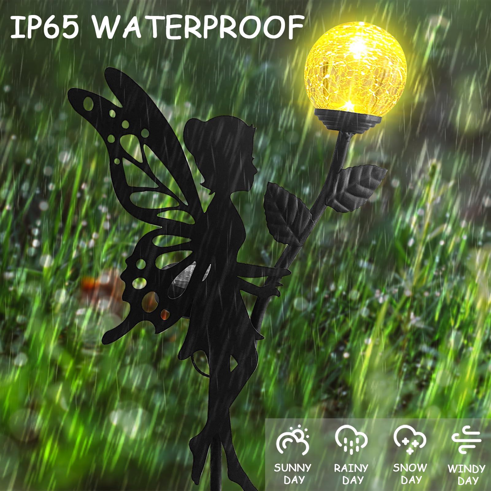 2 Stück Solarleuchten Garten im Freien, Solarlampen für Außen, Elfe/Blumenfee Wasserdichte Solarleuchte, LED Glaskugel Gartenleuchte, Metall Blumenfee Terrasse Gartendeko