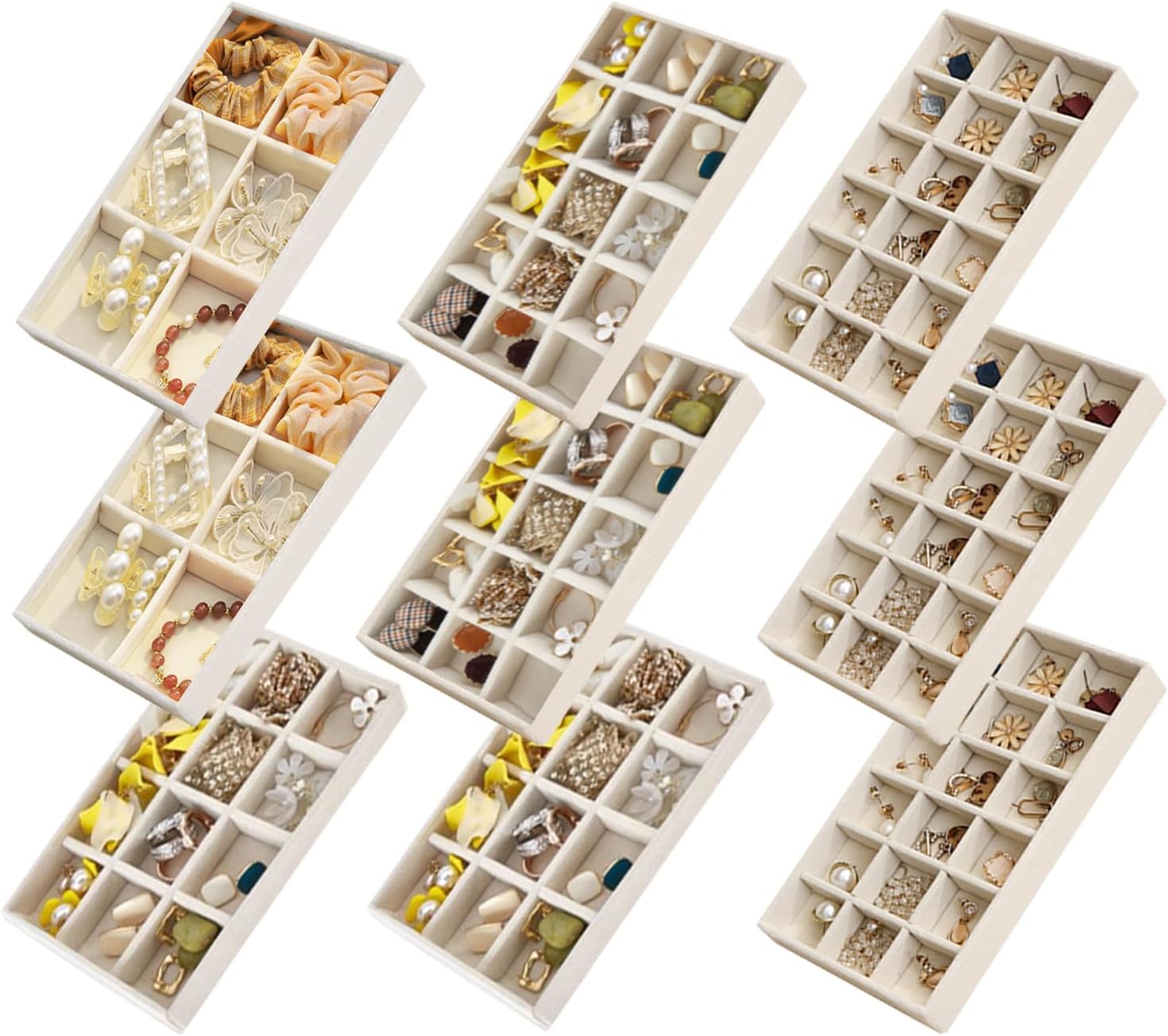 SPAKOWN Jewelry Organizer for Drawer Set of 9, Velvet Jewelry Tray Stackable Jewelry Organizer Display Trays Divided Earring Storage Containers (Beige)