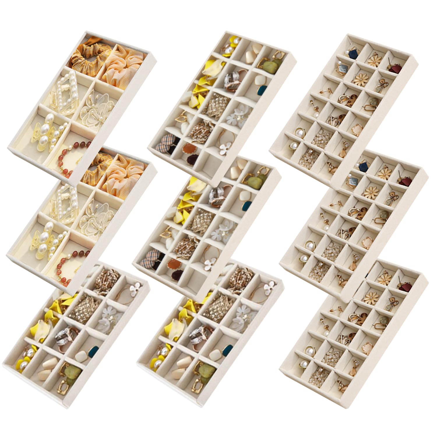 SPAKOWN Jewelry Organizer for Drawer Set of 9, Velvet Jewelry Tray Stackable Jewelry Organizer Display Trays Divided Earring Storage Containers (Beige)