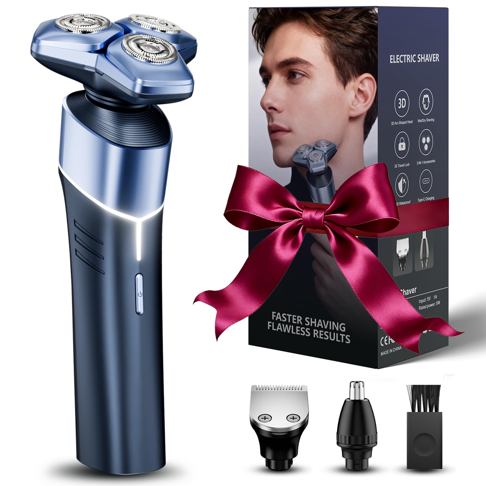 Electric Razor for Men 3-in-1 Shaver with Hair Clipper and Nose Trimmer - 3D Floating Heads USB-C Charging