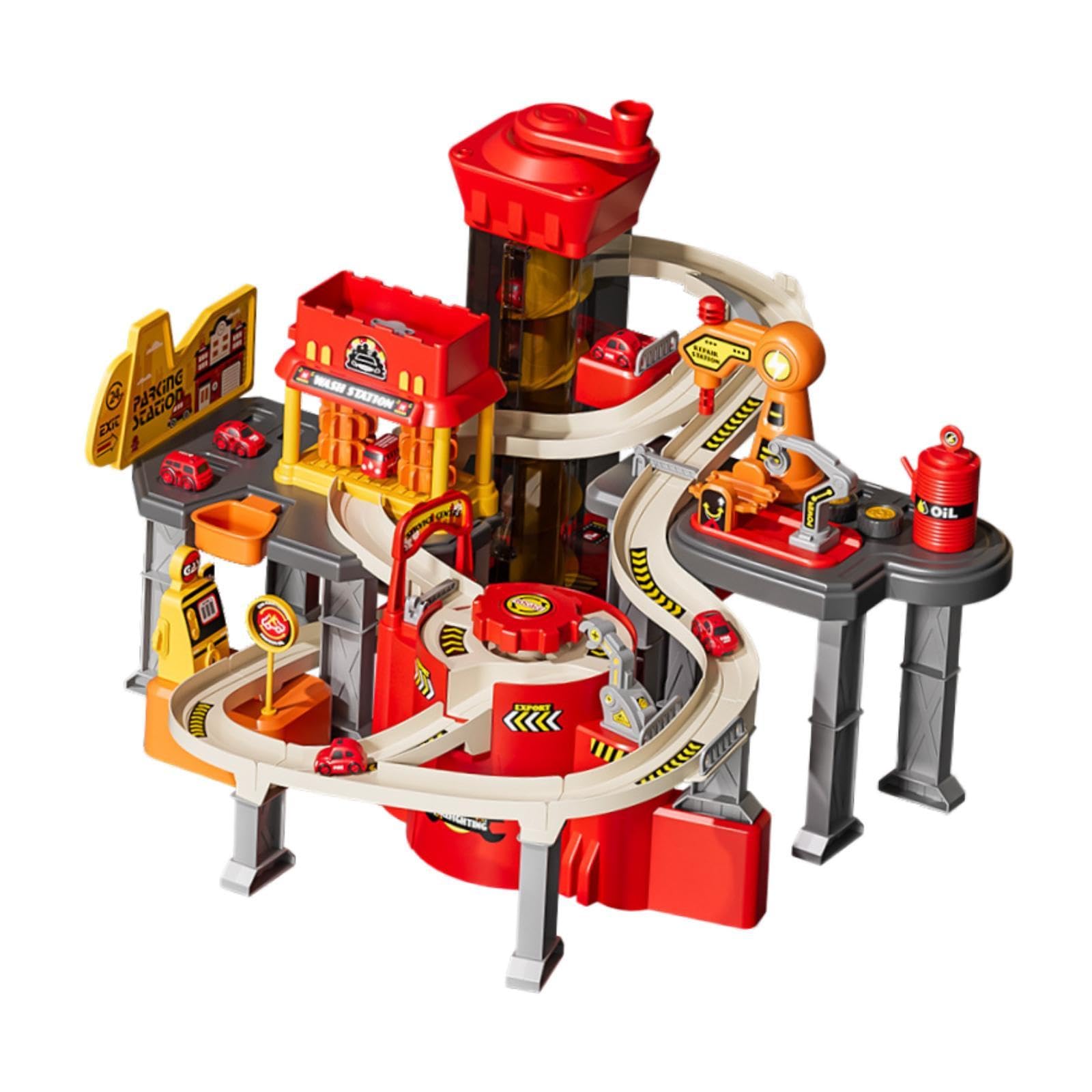 Playset Parcheggio Garage, Pista da Assemblaggio, Macchinina da Corsa, Giocattolo Pista da Corsa per Bambini dai 3 Ai 6 Anni, Tema Antincendio