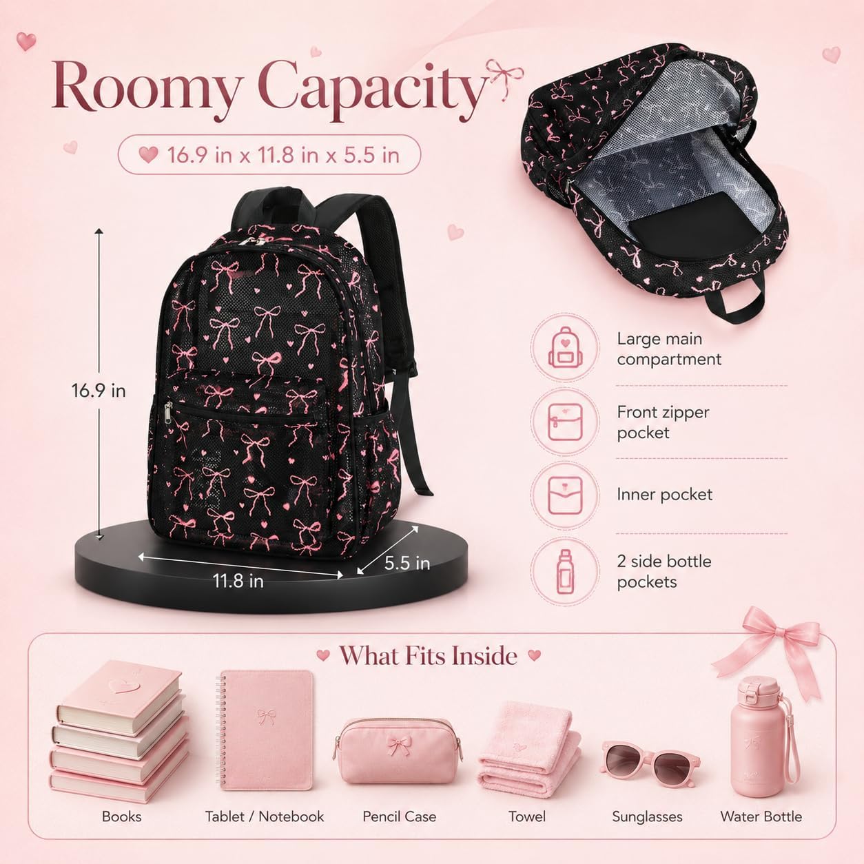 LEDAOU Mesh Backpack for Kids Girls Semi-Transparent Mesh School Backpack Bookbag Lightweight Casual Daypacks (Bow Black)