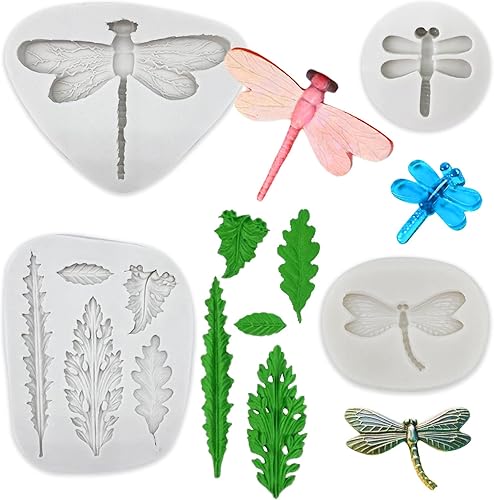 3 moldes de silicona 3D de libélula y 1 molde de fondant de chocolate con hojas para postres de bricolaje, molde de jabón de chocolate, decoración