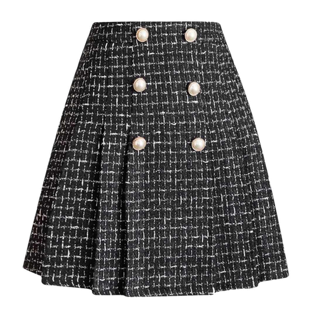 Womens Elegant French Style Tweed Skirt for High Pleated A Line Mini Wrap Hip Short Skirt