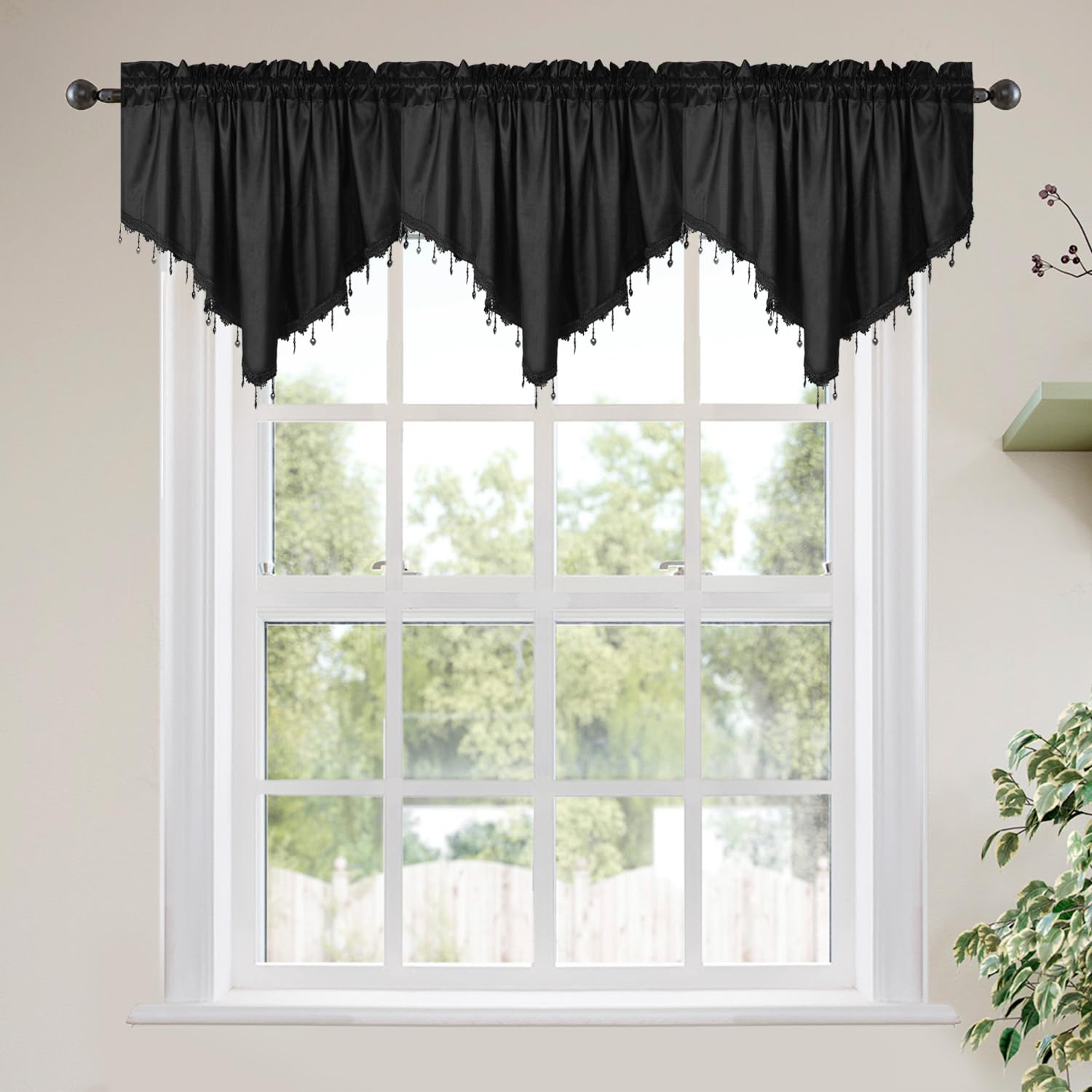 Molaxhome Valance Swag Curtain 51 Inch Scalloped Cloth Curtain Panels with Crystal Beads - Rod Pocket Farmhouse Window Treatment for Kitchen Bedroom 1pc Boho Chic Drape Decor 021Black — image 1