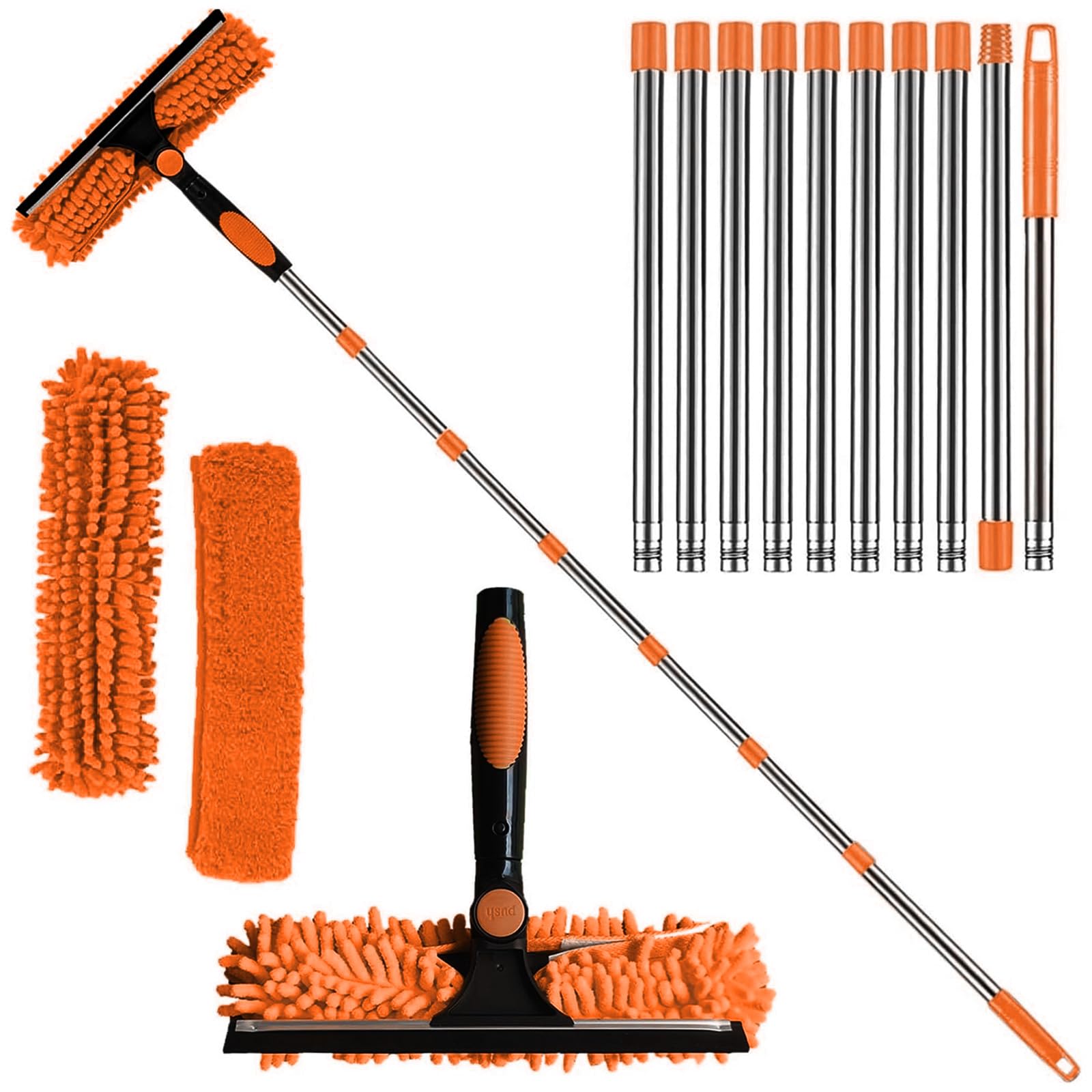 4.5M Window Squeegee Cleaner Tool Kit with Long Handle, 2 in 1 Telescopic Window Cleaner with Microfiber Cloth Squeegee Strips, for Indoor/Outdoor High Window, Wall and Car (orange)