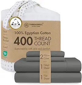 Threadmill Home Linen Jogo de cama 100% algodão egípcio certificado 400 fios, lençóis Queen, 4 peças de cetim trançado cinza escuro, algodão penteado ELS liso, lençóis sólidos com bolso profundo