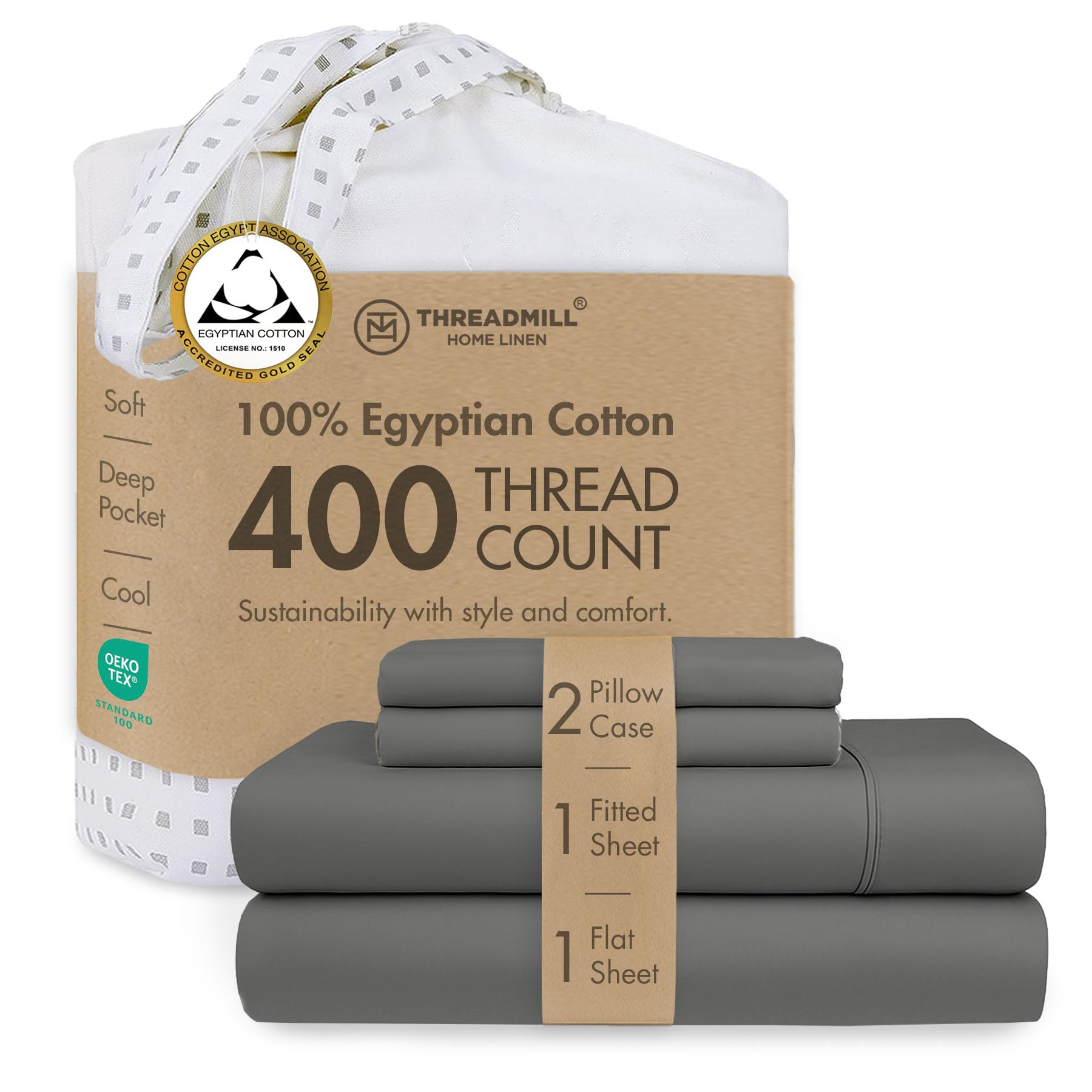 Threadmill Home Linen Certified 100% Egyptian Cotton 400 Thread Count,Queen Sheets, 4 Piece Sateen Weave Dark Grey Bed Set, Smooth ELS Combed Cotton, Solid Bedsheets with Elasticized Deep Pocket — image 1