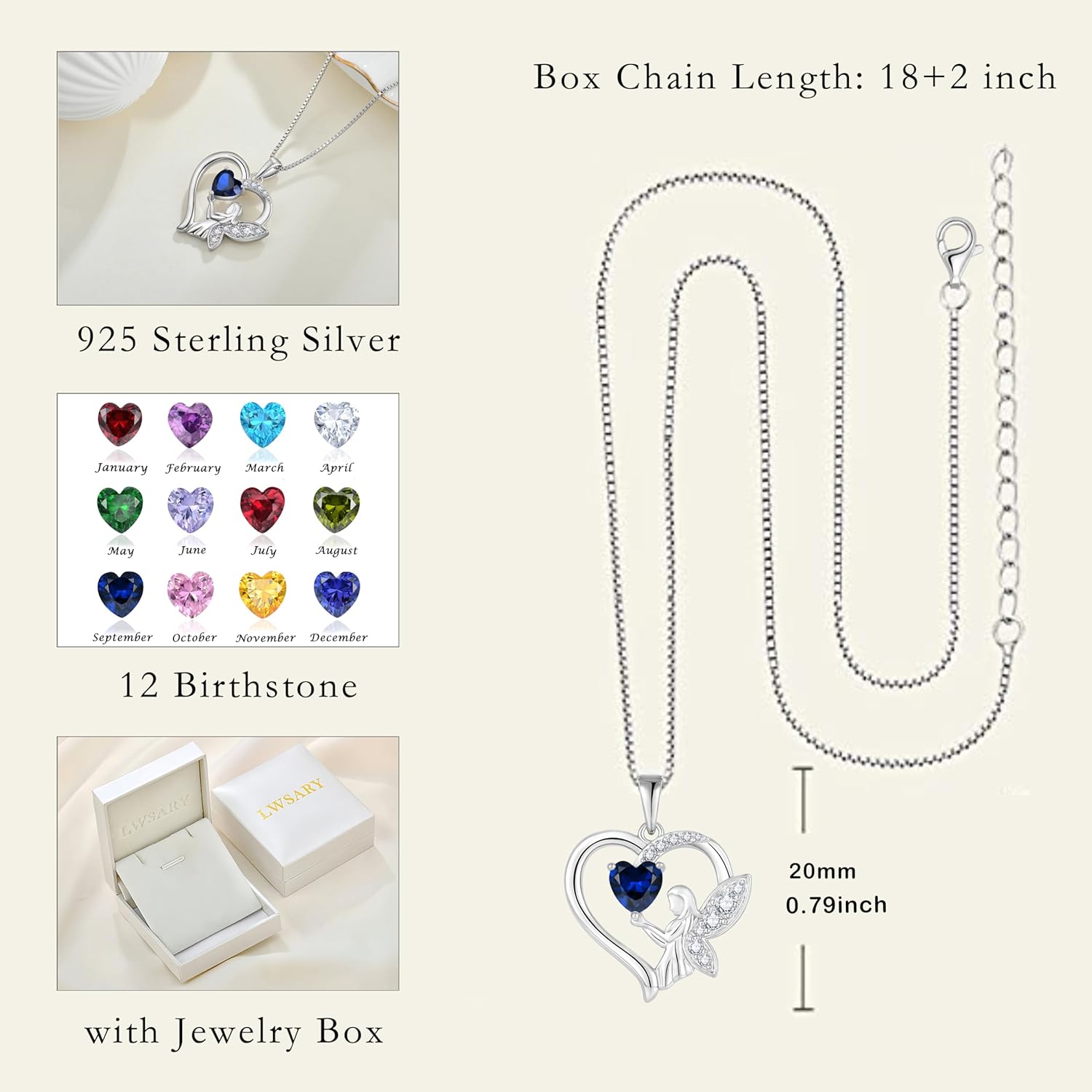 Guardian Angel Necklace 925 Sterling Silver Heart Angel Wings Pendant Birthstone Jewelry for Women - Image 6