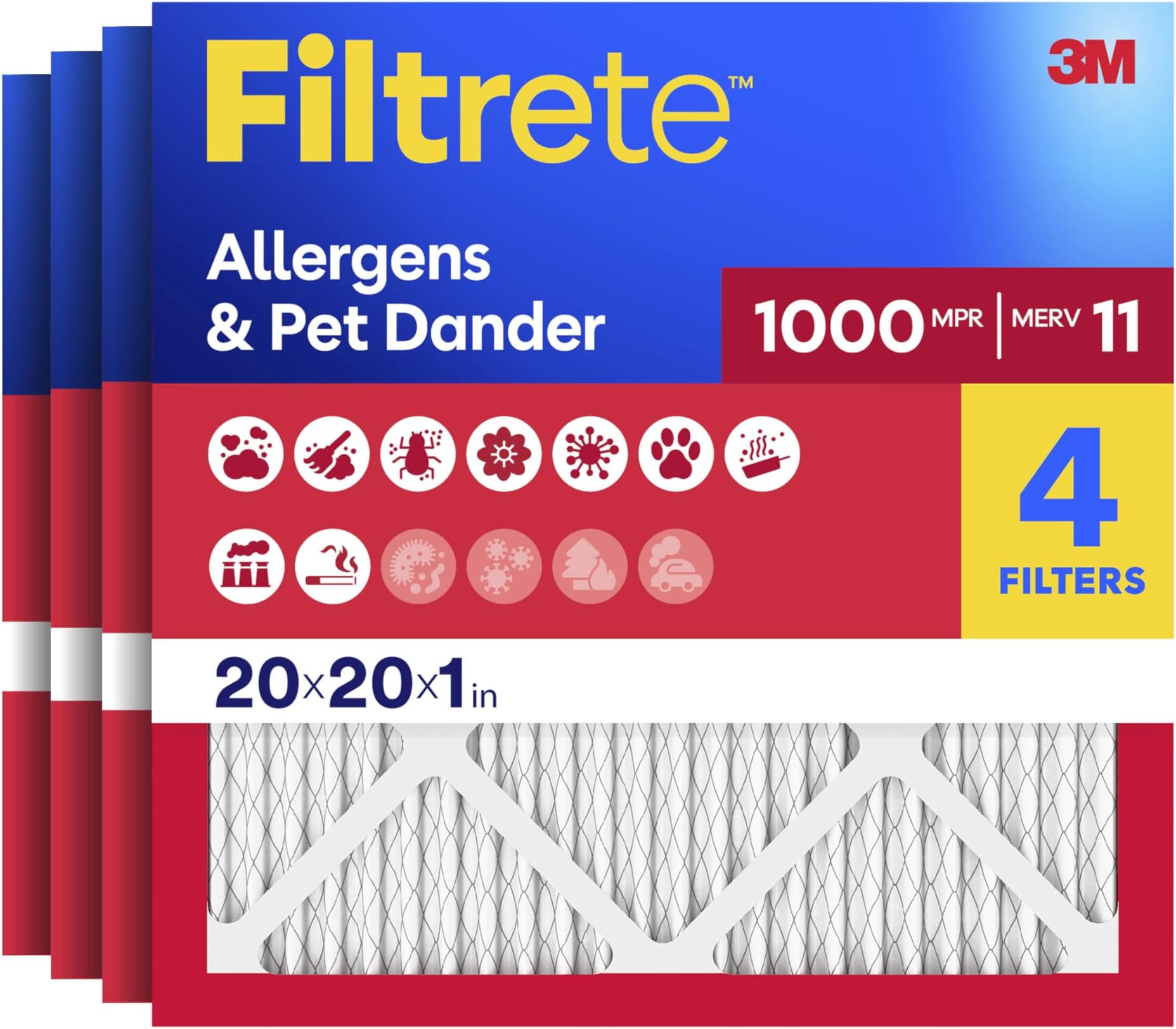 20x20x1 Air Filter, MERV 11, MPR 1000, Allergens & Pet Dander, 3-Month AC and Furnace Filters, Cleaner Air, Reliable Airflow, 4 HVAC Filter (Actual Size 19.68 x 19.68 x 0.81 in)