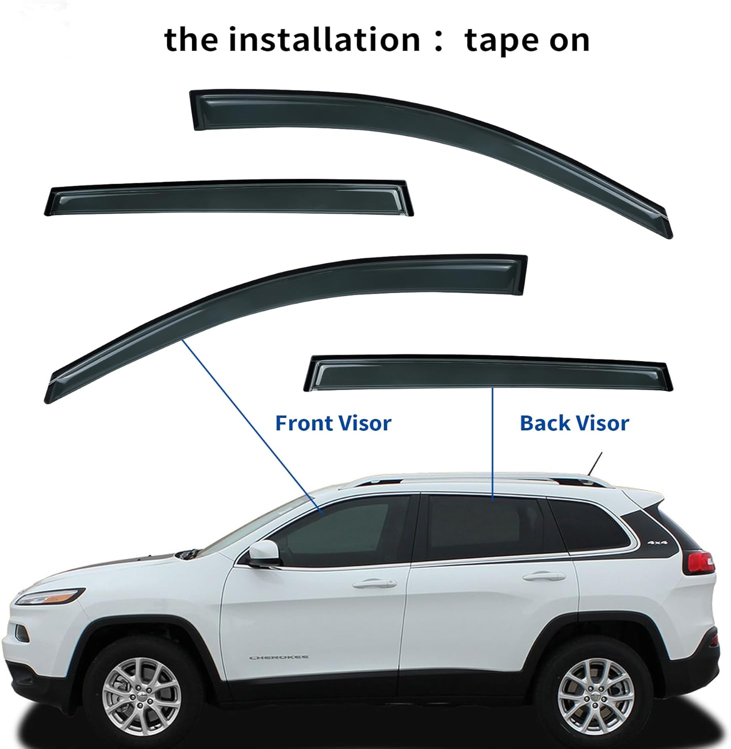Tape On Window Visor Deflector Compatible with Jeep Cherokee 2014-2024 Rain Guards Wind Deflector Smoke 4pcs 94981