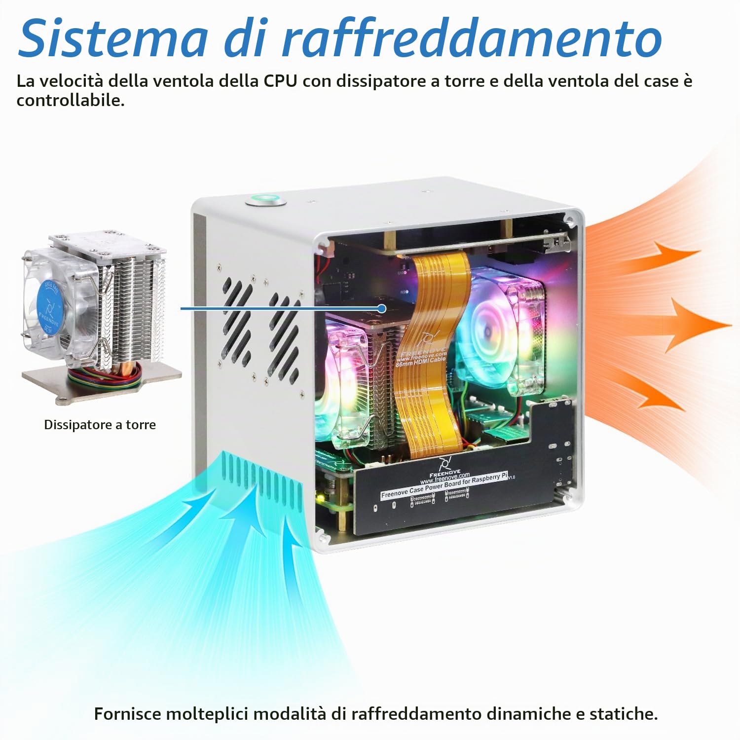 Freenove Mini Case for Raspberry Pi 5 (NOT Included), Dual M.2 NVMe SSD Slots, PWM ARGB Fans Light Sync, CPU Tower Cooler, Built-in Stereo Speakers, 3.5 mm and Optical Audio (S/PDIF) Outputs