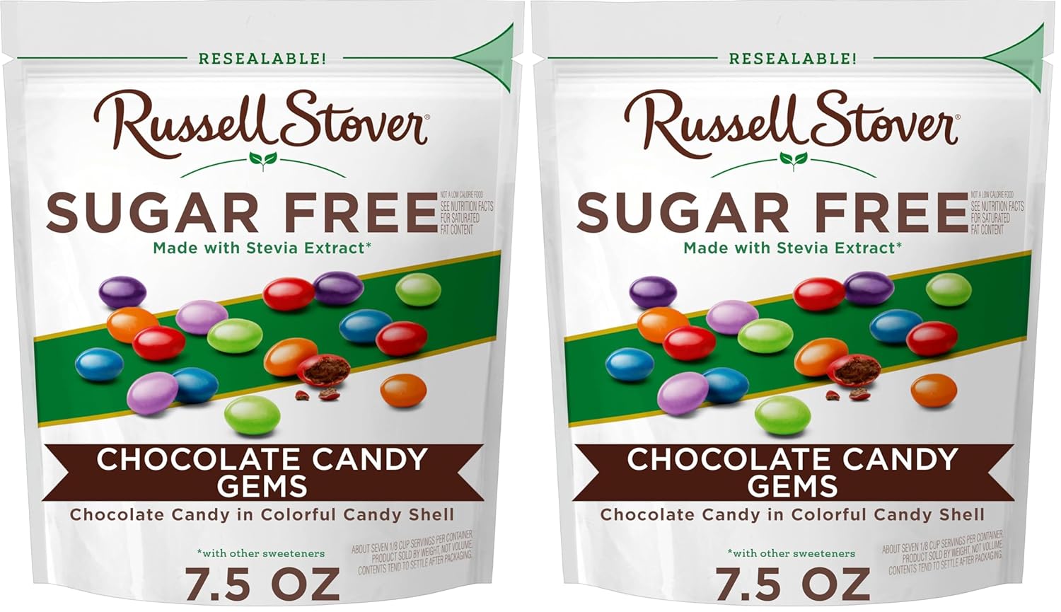 Russell Stover Sugar Free Chocolate Candy Coated Gems, 7.5 Ounce Bag (Pack of 2)