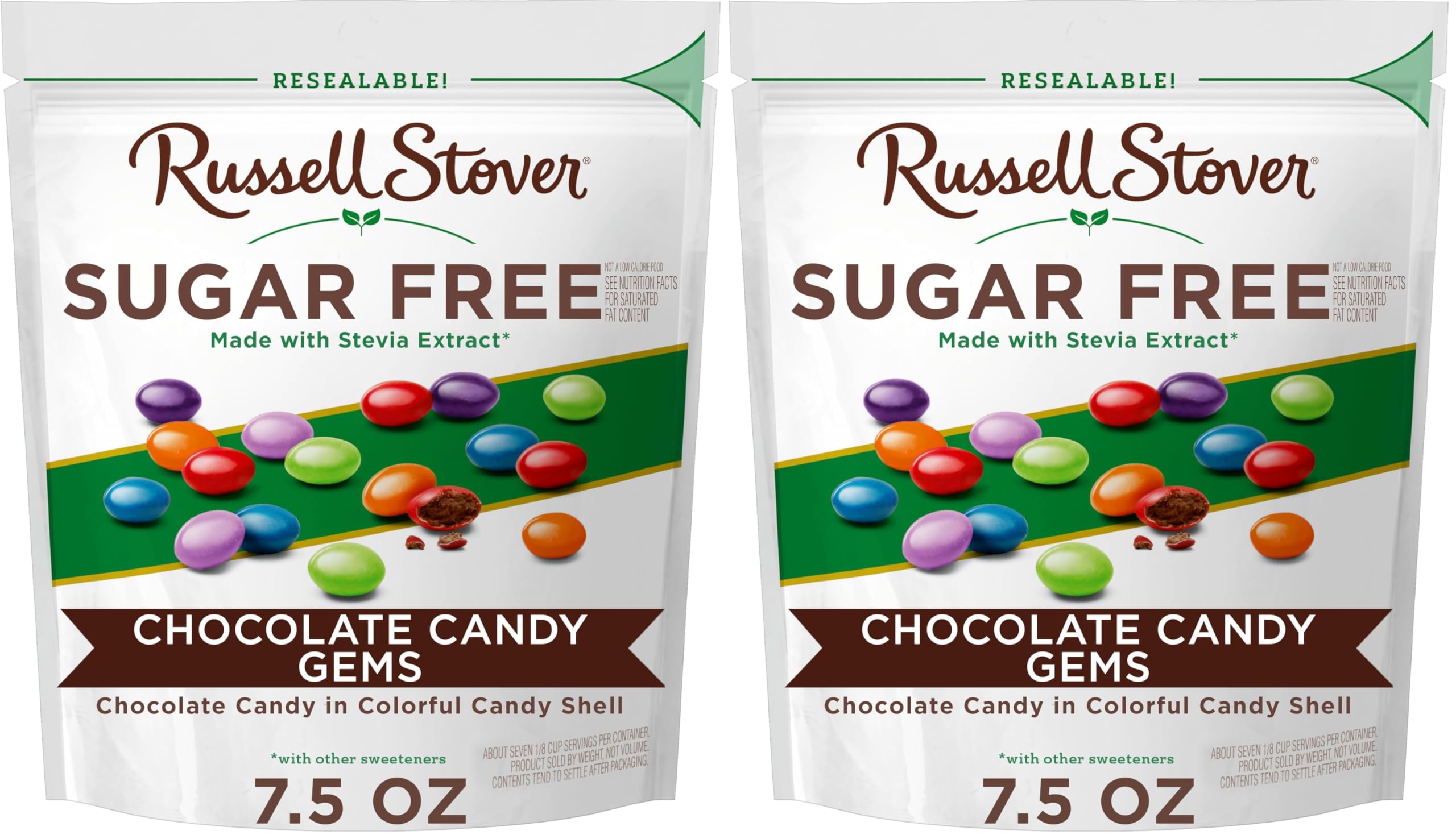 Russell Stover Sugar Free Chocolate Candy Coated Gems, 7.5 Ounce Bag (Pack of 2)