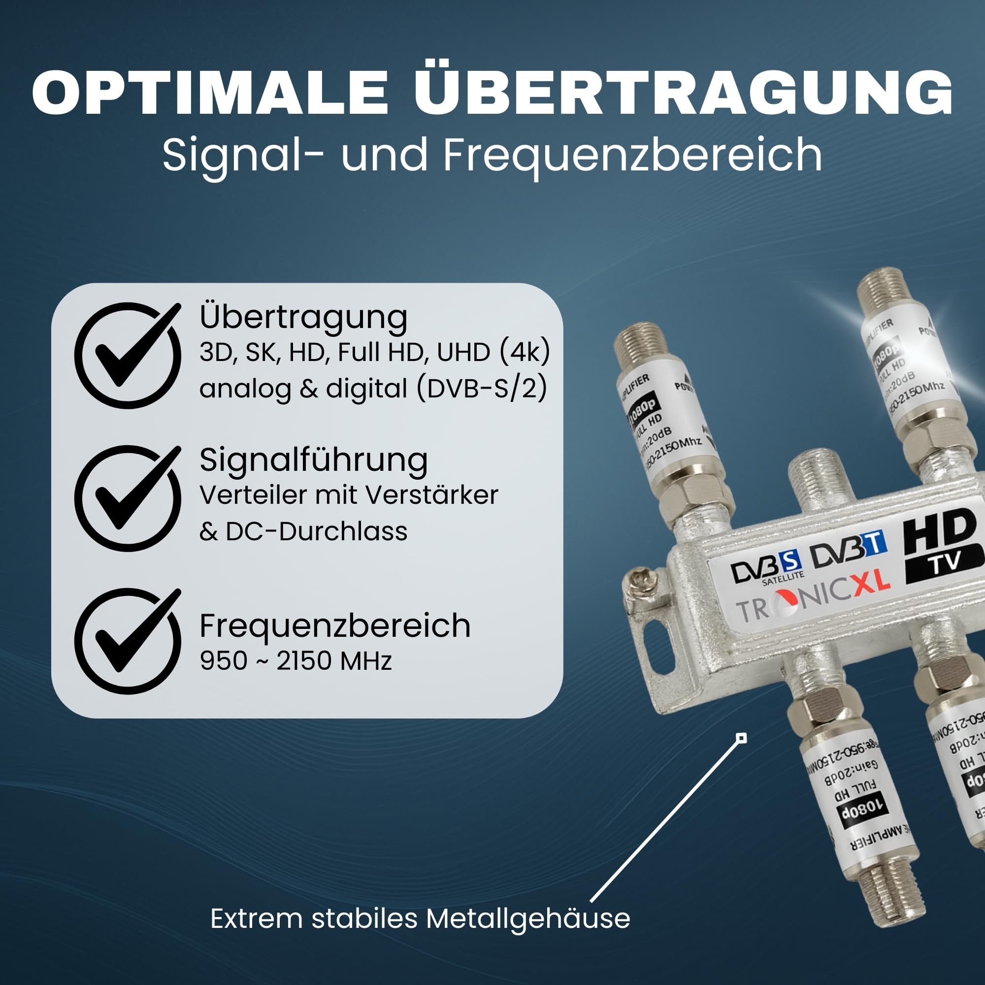 TronicXL Splitter satellitare a 4 vie da 80 dB, amplificatore per antenna, morbido DVB-S2 DVB-T2, con amplificatore per antenna per amplificatore di segnale 3D 4K HDTV per una buona ricezione