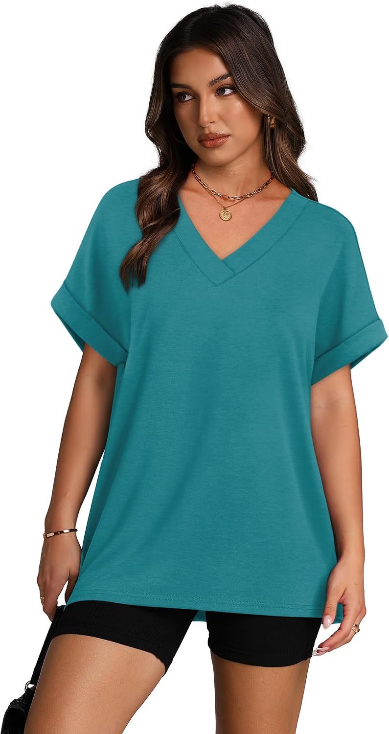WIHOLL Womens Oversized V Neck Tshirts Plus Size Summer Tops 2026 Short Rolled Sleeve Shirts Dressy Casual Blouses S-4XL