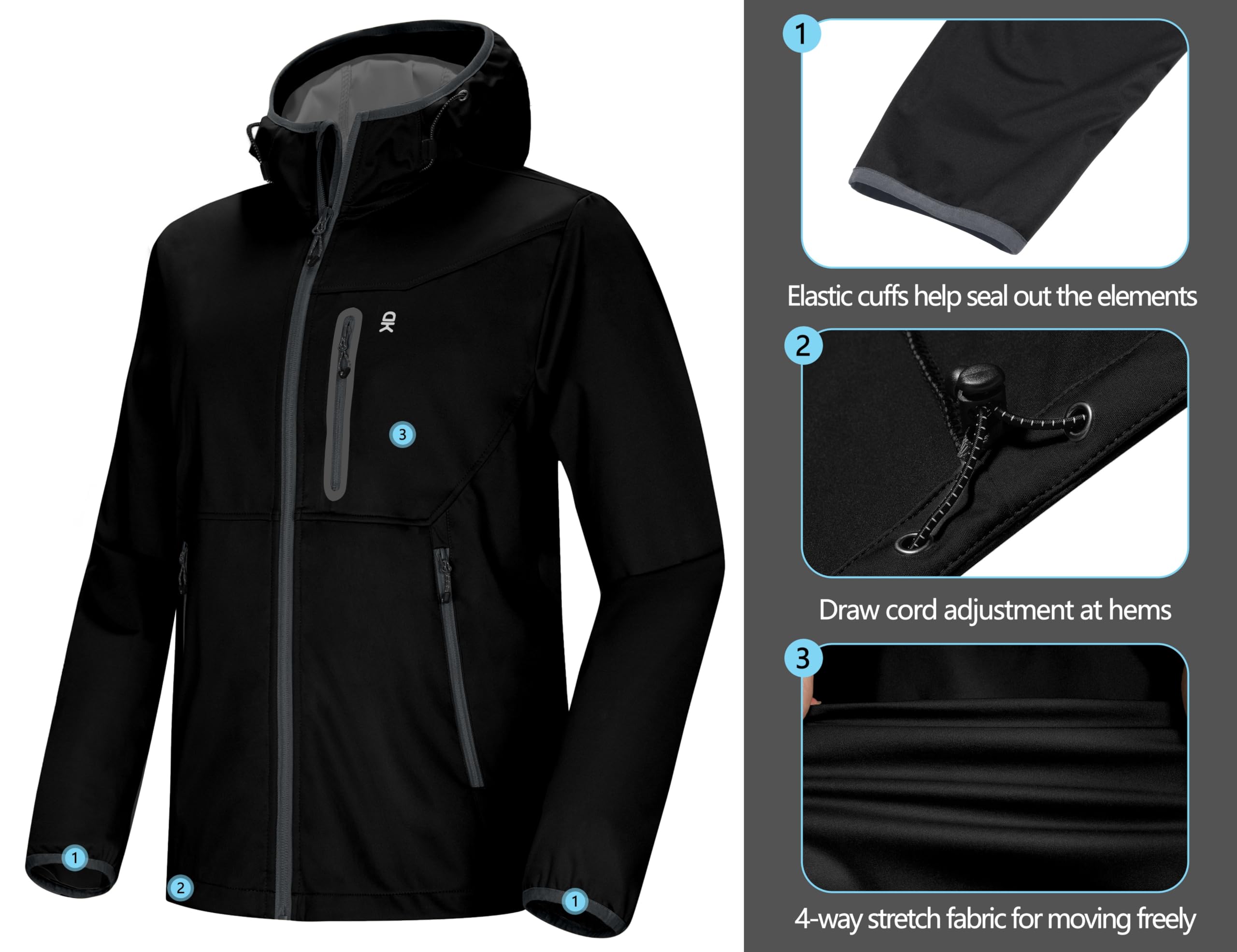 Little Donkey Andy Leichte Kapuzen-Softshelljacke für Herren zum Laufen, Wandern, winddicht, wasserabweisend