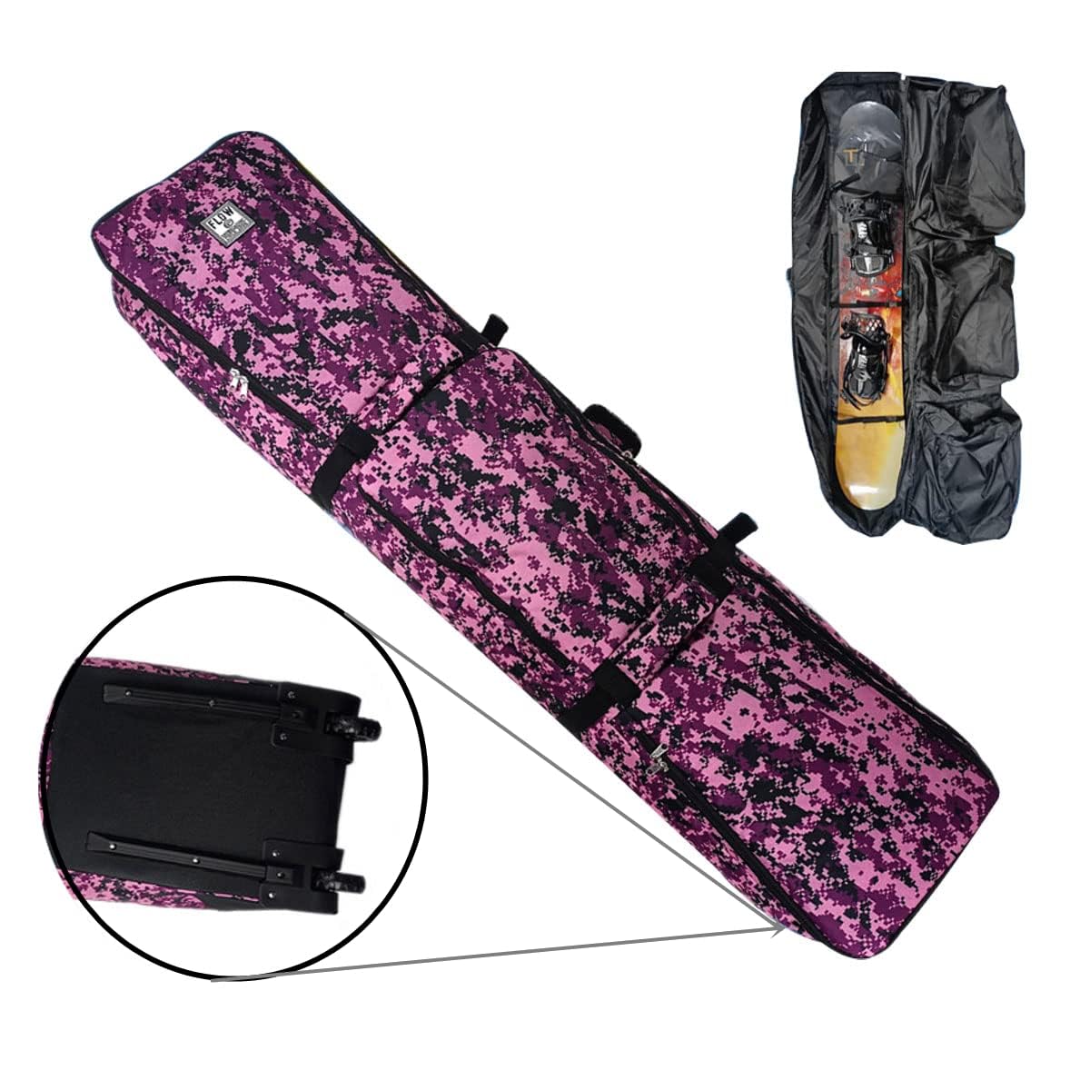 UNISTRENGH Padded 2-in-1 Snowboard Bag Wheeled for Air Travel - Three Independent Compartment for Ski Boots,Helmet and Clothes (Pink Camo_166cm)