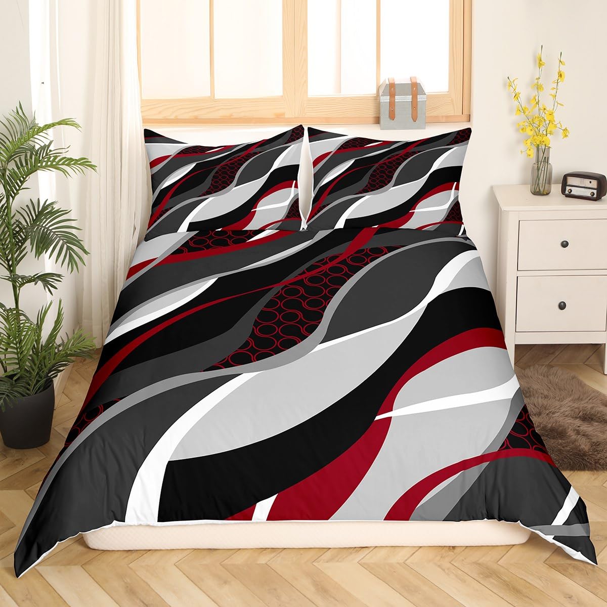 Red Grey Duvet Cover Set Double Size, Abstract Wavy Stripe Circle Comforter Cover with 2 Pillowcases - Image 3