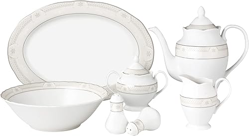 Miniatura 4 de Juego de vajilla ondulada de 57 piezas-porcelana China servicio para 8 personas-atara con bandas de plata casual redonda porcelana apta para