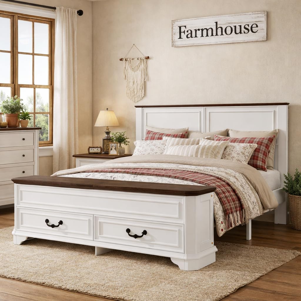 Queen Farmhouse Bed Frame, Queen Bed Frame with Footboard & Storage Bench with 2 Large Drawers, Pinewood Antique Bed Frame for Bedroom, Guest Room, No Box Spring Needed, No Squeaking, White