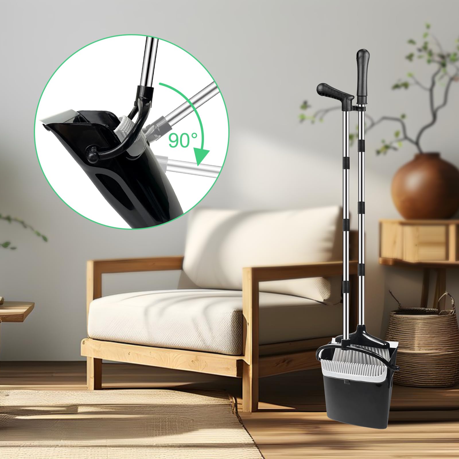 Balai Et Pelle à Poussière Set - Manche Long, Tête Large En Acier Inoxydable - Pour Sols Intérieurs Et Extérieurs