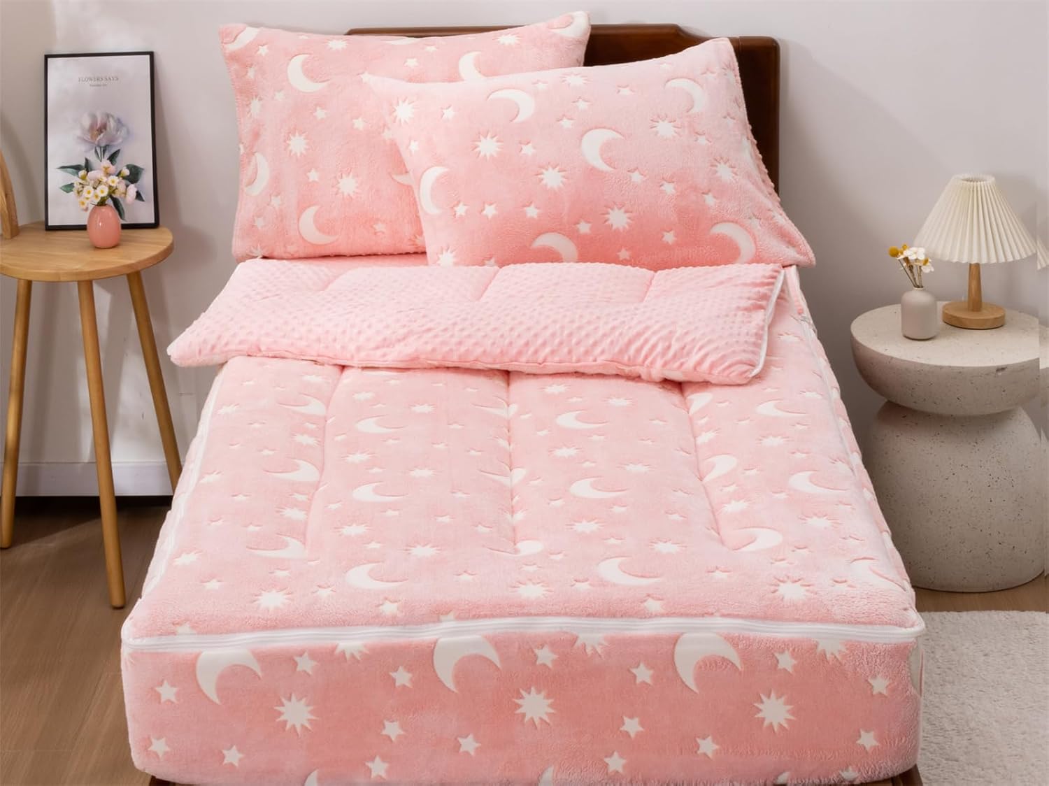 Aimuan Kids Zippered Comforter Set - Moon & Star Glow in The Dark Fleece Zipper Bedding for Girls (Twin, Pink-White)