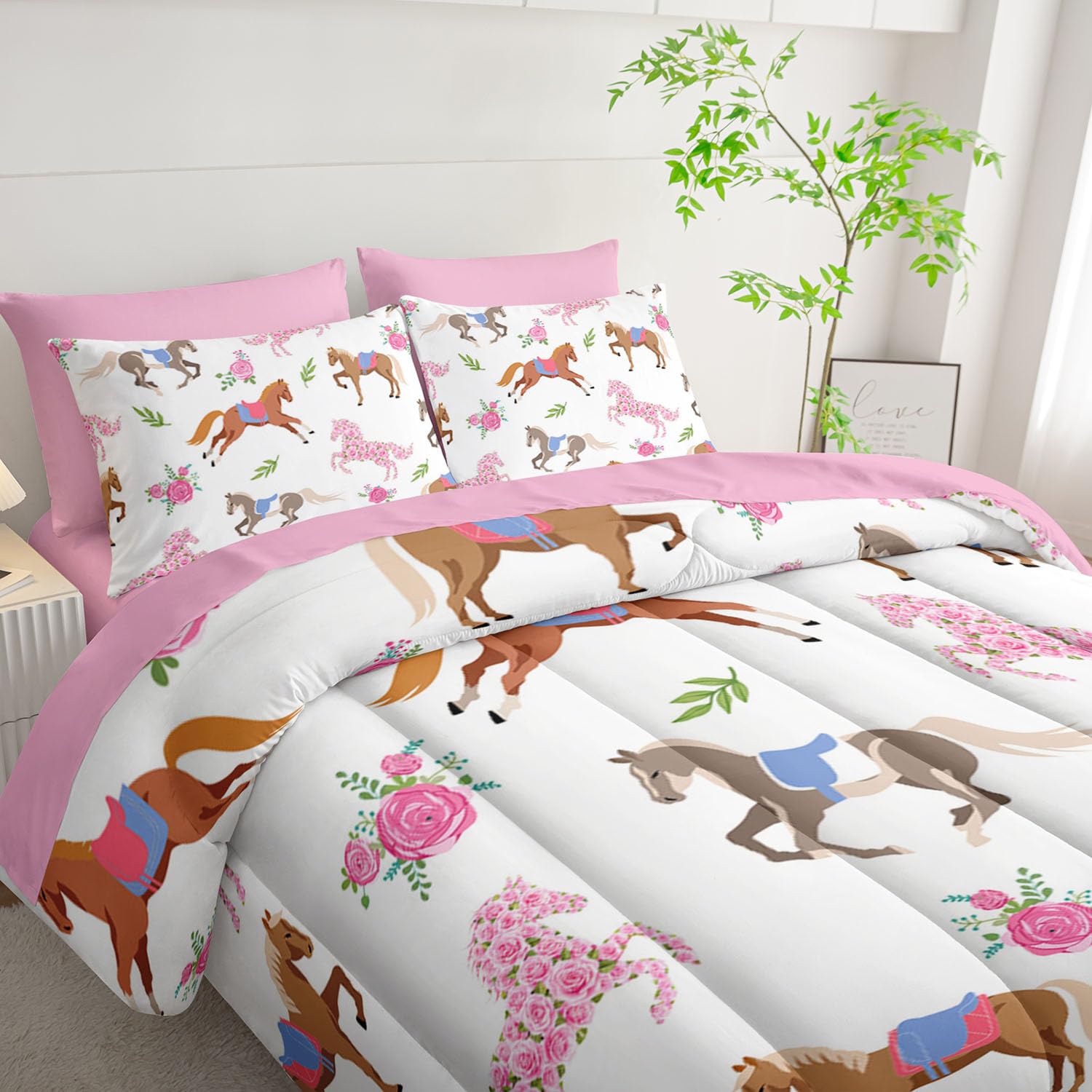 HOSIMA Juego de edredón de 7 piezas con sábanas de princesa, juego de ropa de cama de caballo rosa Kawaii para decoración estética de habitación para niñas y adolescentes, cama colorida en una bolsa