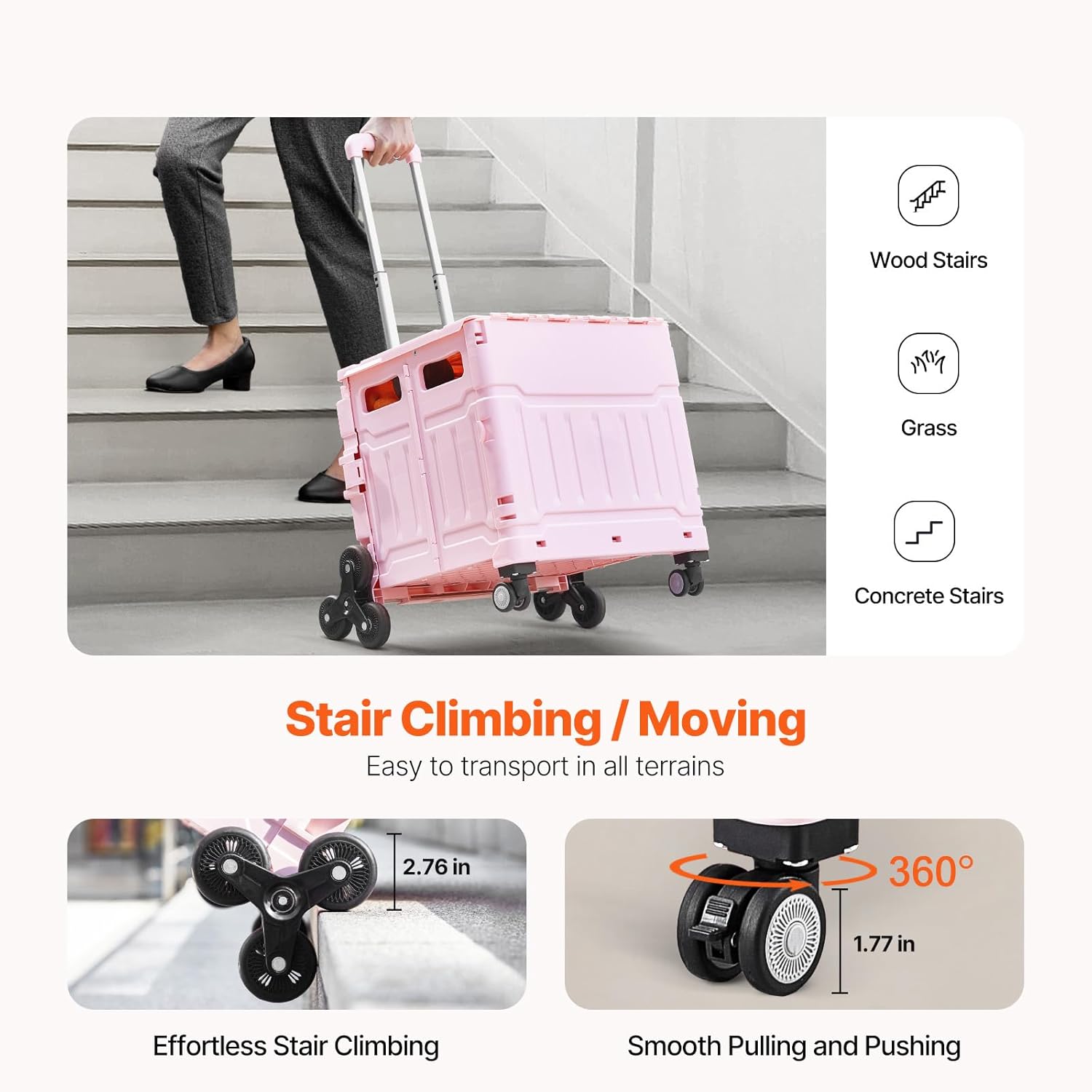 Happybuy Foldable Utility Cart, 65L Collapsible Portable Crate Rolling Cart with Stair Climbing Wheels & 360° Swivel Wheels, Telescoping Handle Hand Cart for Shopping, Office, Moving, Teacher, Pink