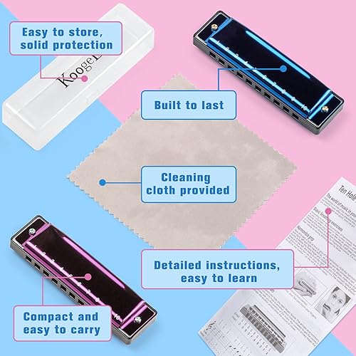 Miniatura 3 de Koogel 2 armónicas de metal para niños y adultos, diatónico blues arpa boca, órgano, instrumentos musicales de 10 agujeros armónica para