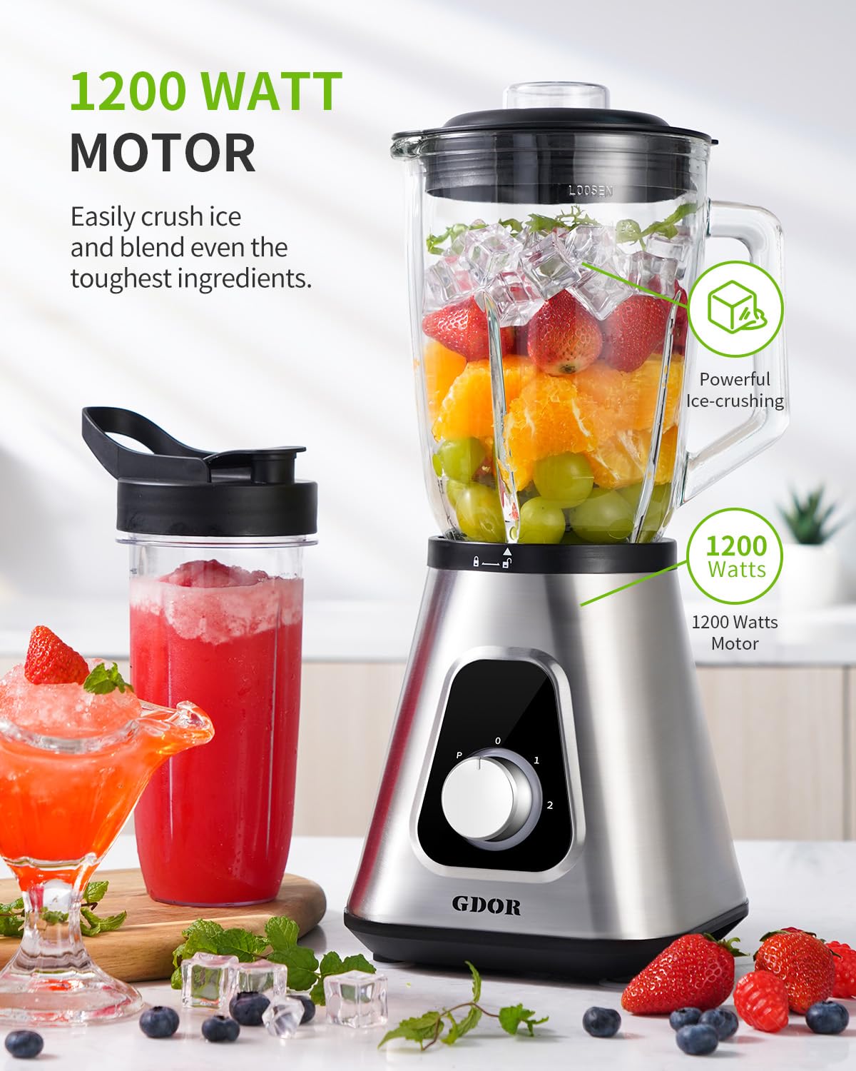 GDOR 1200 W blender do smoothie i smoothie, szklany słoik o pojemności 50 uncji i kubek na wynos 22 uncje, blender z 6-listkowym ostrzem, 3 regulowane prędkości do soków, napojów
