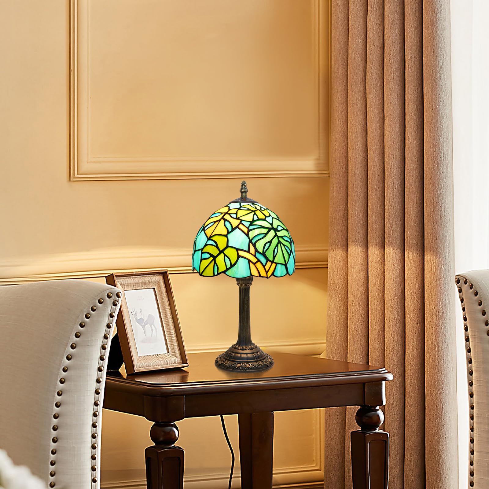 Tiffany mesa lámpara tortuga atrás bambú palma hojas vidrio lámpara hecha a mano verde lado de cama lindo acento luz de mesa de noche