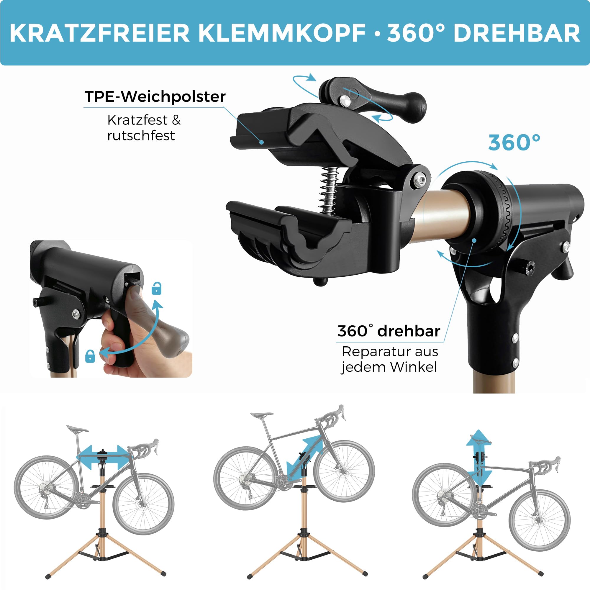 3-Bein Fahrrad Reparatur- & Montageständer Aluminium, Vollständig Zusammenklappbar, Doppelsicherheitsverschluss, Platzsparend, Ultraleicht, Großflächige Magnetische Werkzeugablage