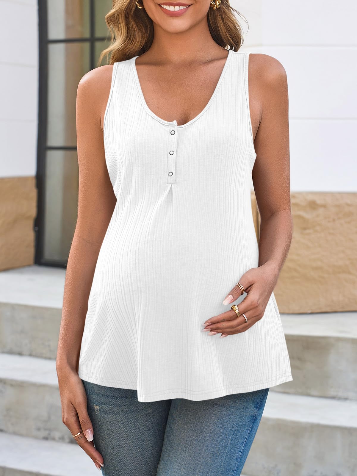 Tankaneo Canotte da donna premaman Henley estive scollo rotondo a costine maglia senza maniche camicie casual vestibilità ampia vestiti per gravidanza