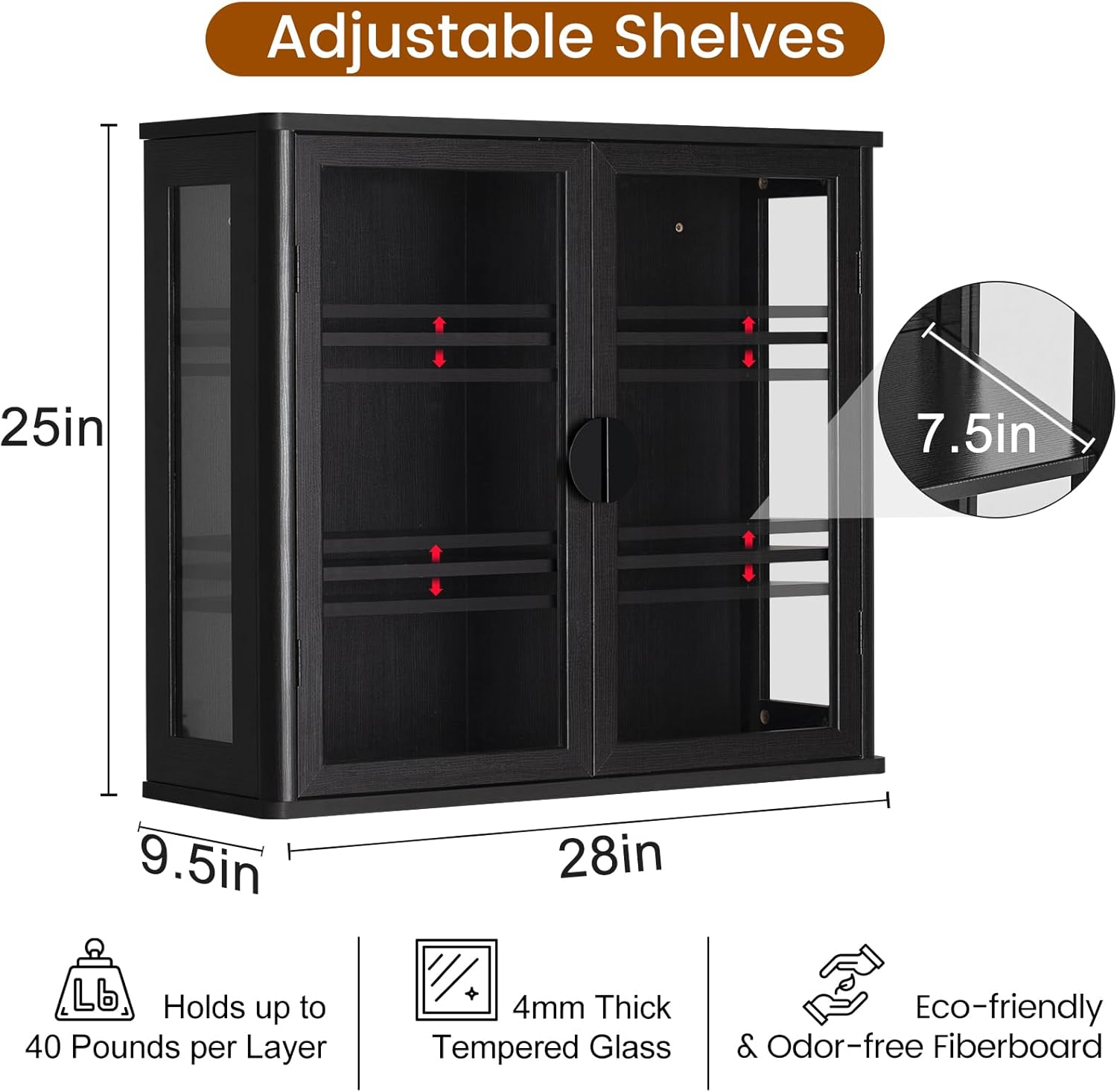 Black Tempered Glass Display Wall Storage Cabinet,Bathroom Wall Cabinet,Wall Mounted Cabinet with Curved Edges, Floating Cabinet with Adjustable Shelves for Kitchen,Dining Room,Bathroom