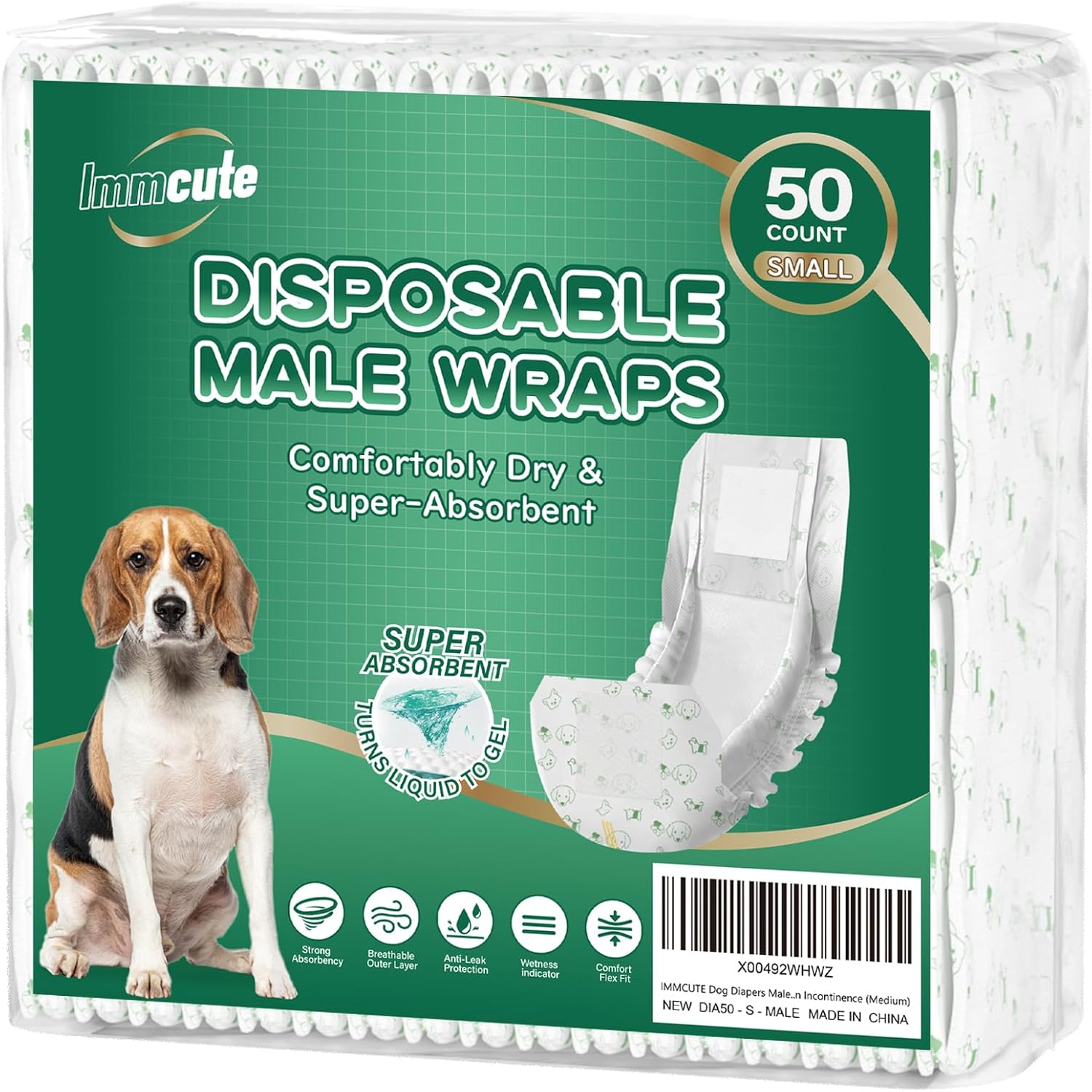 IMMCUTE Dog Diapers Male Small 50 Ct, Male Dog Diapers Disposable with Wetness Indicator, Adjustable Puppy Diapers Male, Flashdry Gel Technology, Male Dog Wraps for Incontinence & Marking Small-50 Count