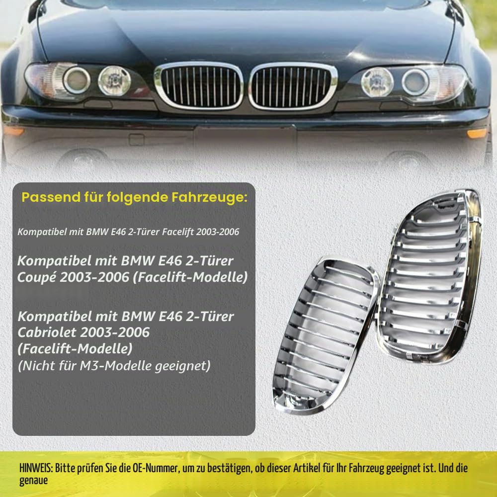 Front Nieren Kühlergrill, Stoßstange und Haube Kompatibel mit BMW E46 2-Türer 2003-2006, Chrom