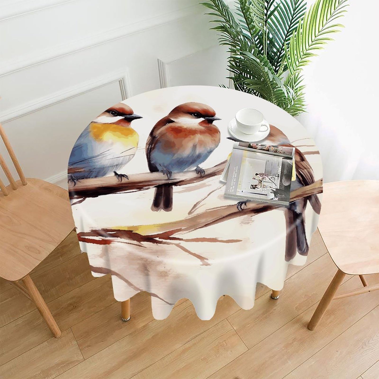 FekiLoot Birds Resting on Tree Branch Round Tablecloth Cover 60 Inch Wrinkle Free Washable Polyester Fabric Table Cover Decorative Round Table Cloth for Home Dining Kitchen Party Farmhouse
