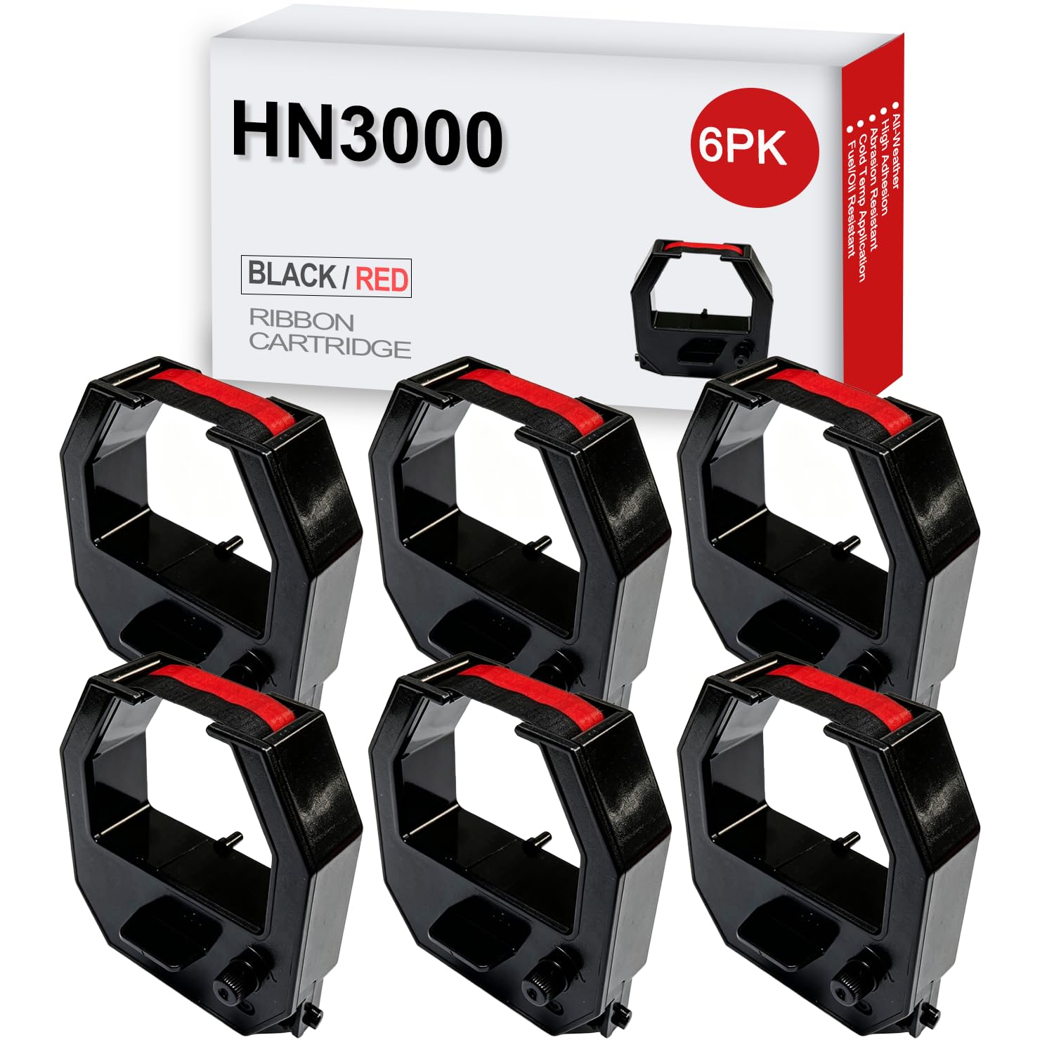 6-Pack HN3000 Ribbon Compatible for uPunch HN1000 HN2000 HN3000 HN4000 FN1000, Pyramid 2500 2650Pro 3800, Nile 4500PP, Black and Red Ink