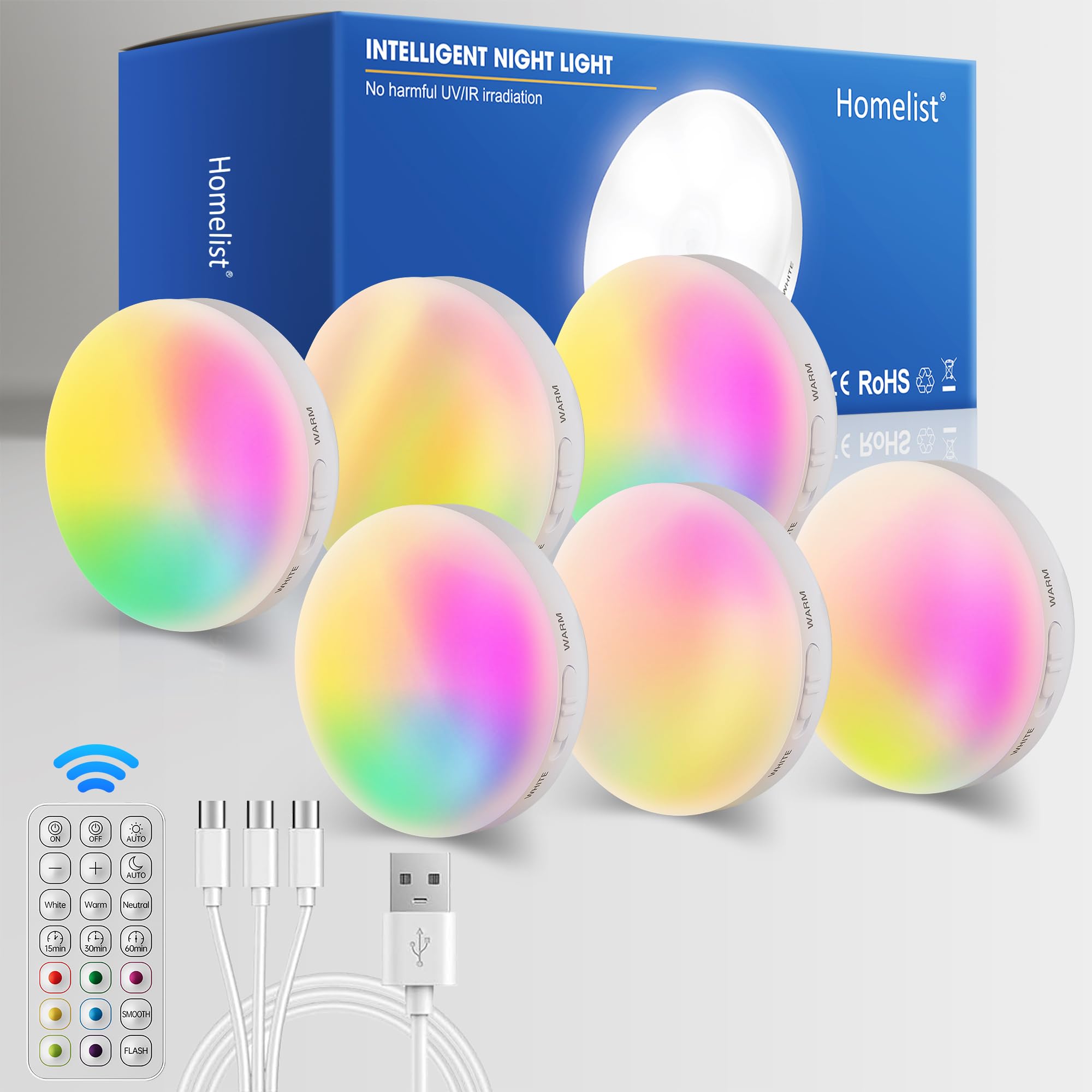 Homelist NL4 Vitrinenbeleuchtung LED mit Fernbedienung, 6 Stück RGB Nachtlicht mit Bewegungsmelder Treppenbeleuchtung Batterie, Kabellos Aufladbar Lichter für Küche, Schlafzimmer, Badezimmer, Schrank