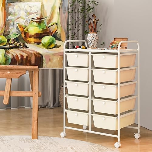 Miniatura 2 de RELAX4LIFE Carrito de almacenamiento de 10 cajones, organizador de arte con marco de metal marfil con ruedas bloqueables, carrito utilitario para
