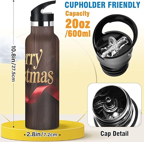 Miniatura 2 de Merry Christmas Text Wood Pattern BPA-Free Leak Proof Reusable Water Bottle With Straws Leak-proof Double-Wall Vacuum Insulation for Travel,