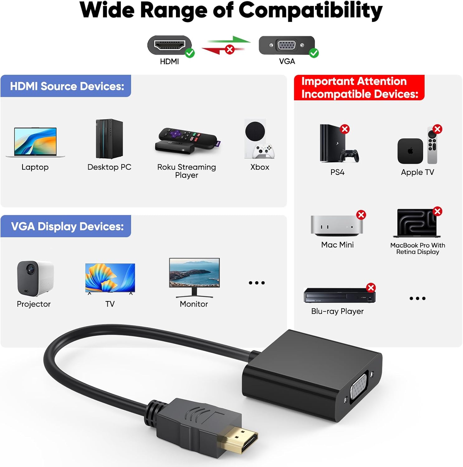 HDMI to VGA Adapter, Uni-Directional 10 Pack Male HDMI to Female VGA for Monitor, Projector, HDTV, Laptop, Computer, Desktop, Chromebook, Roku, Xbox and More
