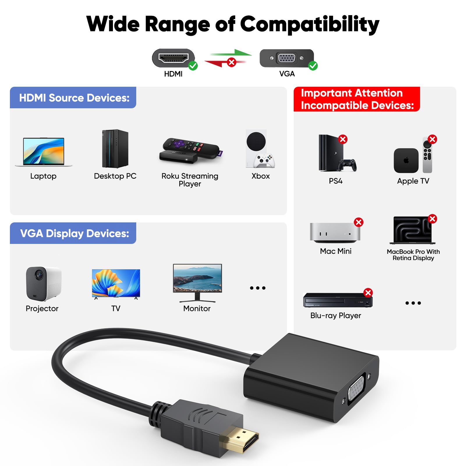 HDMI na VGA 10-pak, jednokierunkowy adapter HDMI-VGA luzem pozłacany męski na żeński do monitora, projektora, HDTV, laptopa, komputera, komputera stacjonarnego, Chromebooka, Roku, Xbox i