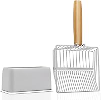UFECODO Fast Sifting Cat Litter Scoop with Stand - Stainless Steel Dual Slots, Oversized Pooper Scooper, Ergonomic Wood Handle