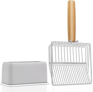 UFECODO Fast Sifting Cat Litter Scoop with Stand - Stainless Steel Dual Slots, Oversized Pooper Scooper, Ergonomic Wood Handle