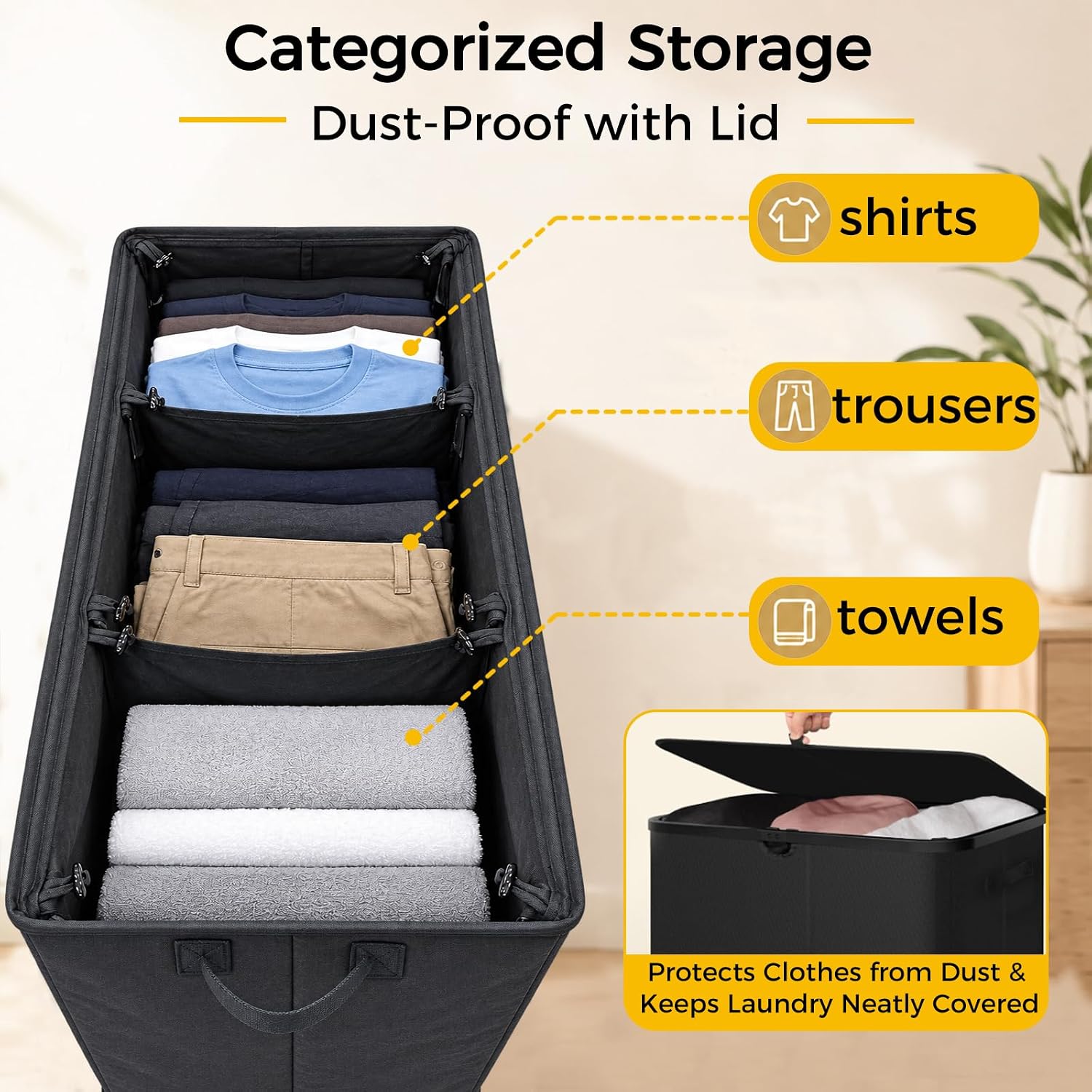 UFORU 195L Laundry Hamper with Lid, 3-Section Sorter for Bedroom & Dorm