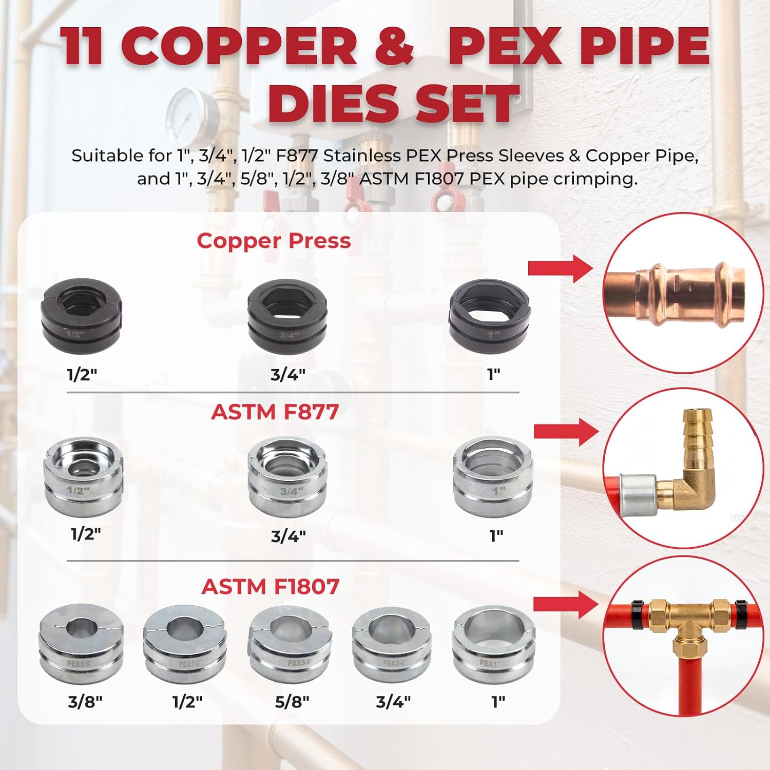 Pro Press Tool 11 Dies for Copper & PEX Pipes Cordless Plumbing Press Tool Kit with 1/2”, 3/4”, 1” & 3/8”–1” F1807 PEX Dies| F877 Stainless Sleeves，Electric ProPress Tool (Pro Press Tool with 11 Dies)